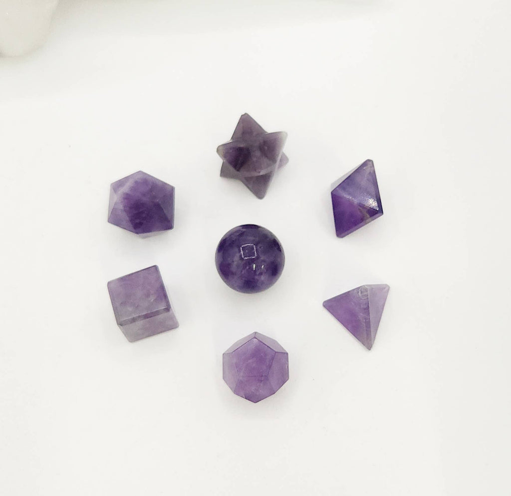 Amethyst 7 piece Platonic Geometry Set with Velvet Bag