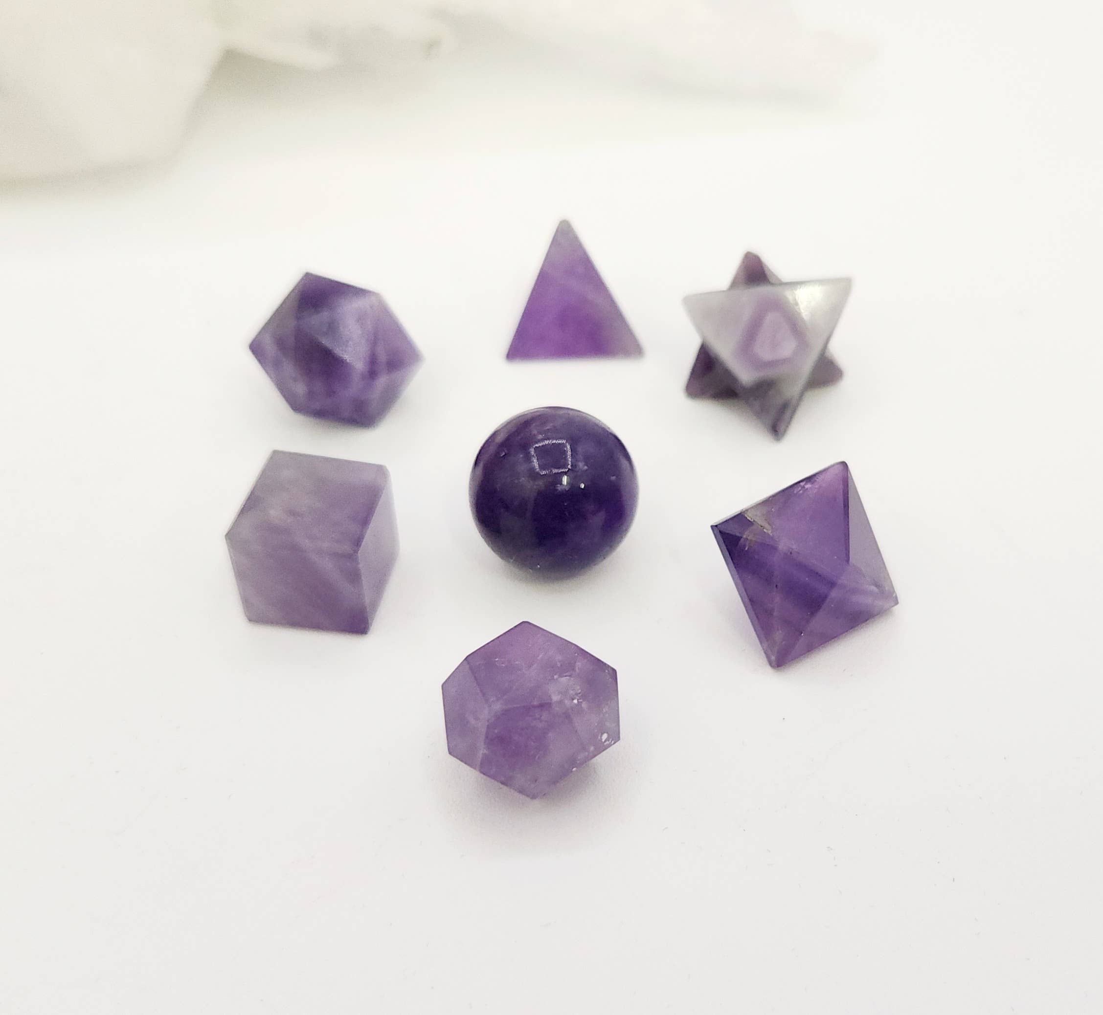 Amethyst 7 piece Platonic Geometry Set with Velvet Bag