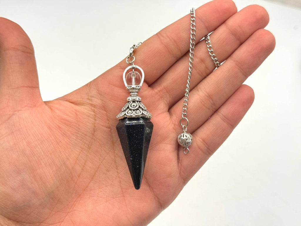 Blue Goldstone Double Cap Pendulum with Silver Plate Chain