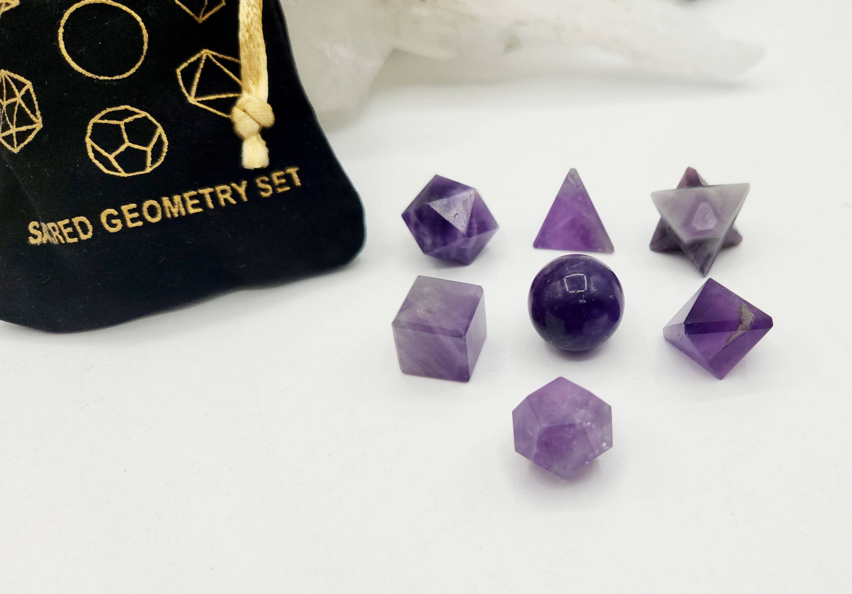 Amethyst 7 piece Platonic Geometry Set with Velvet Bag