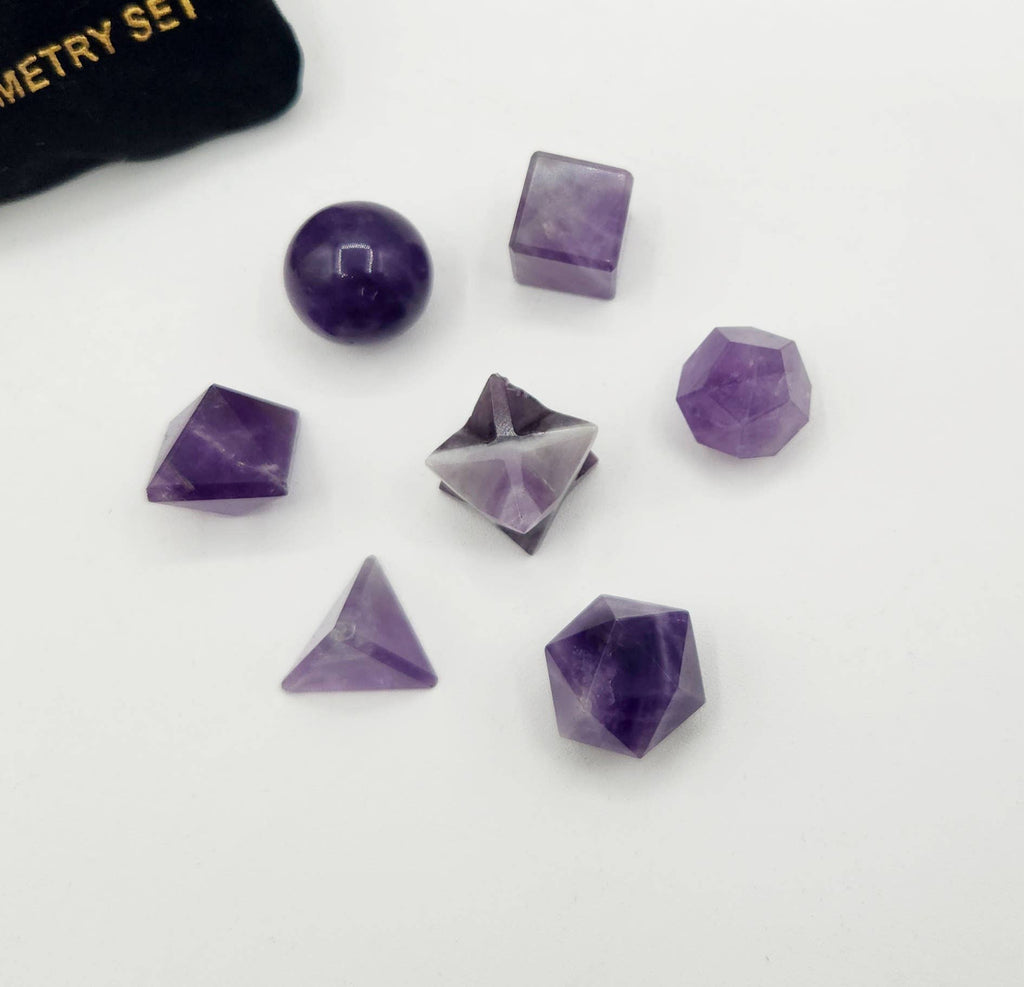 Amethyst 7 piece Platonic Geometry Set with Velvet Bag