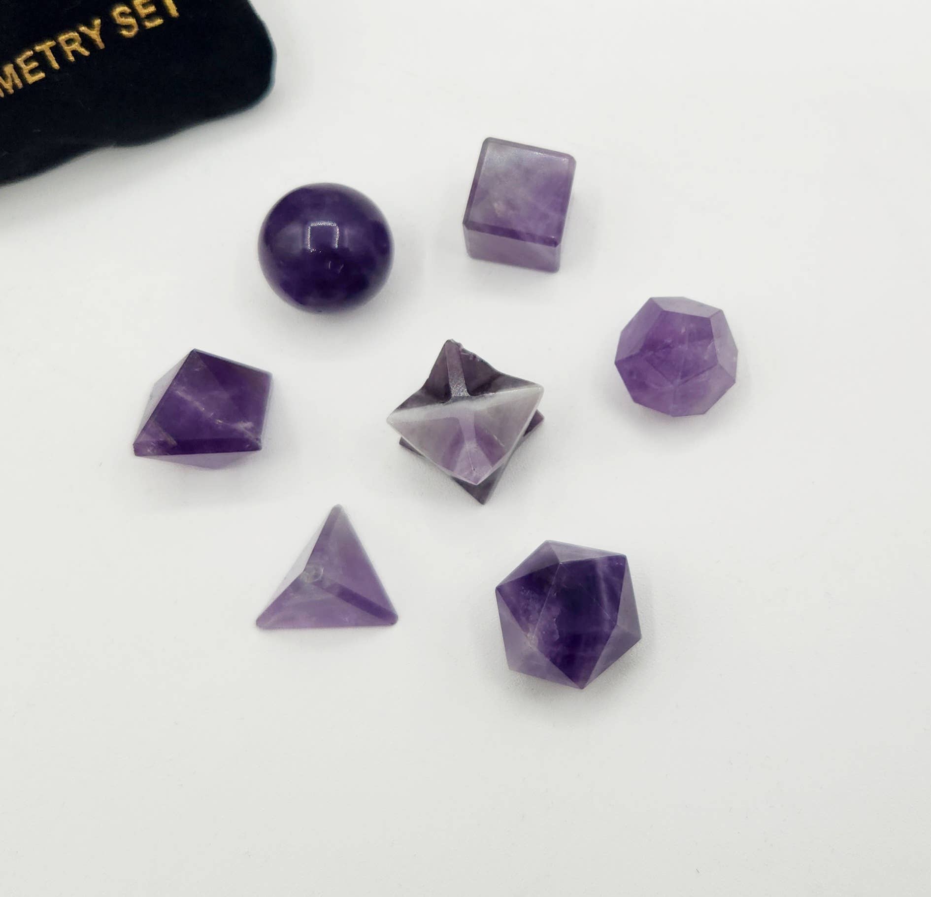 Amethyst 7 piece Platonic Geometry Set with Velvet Bag