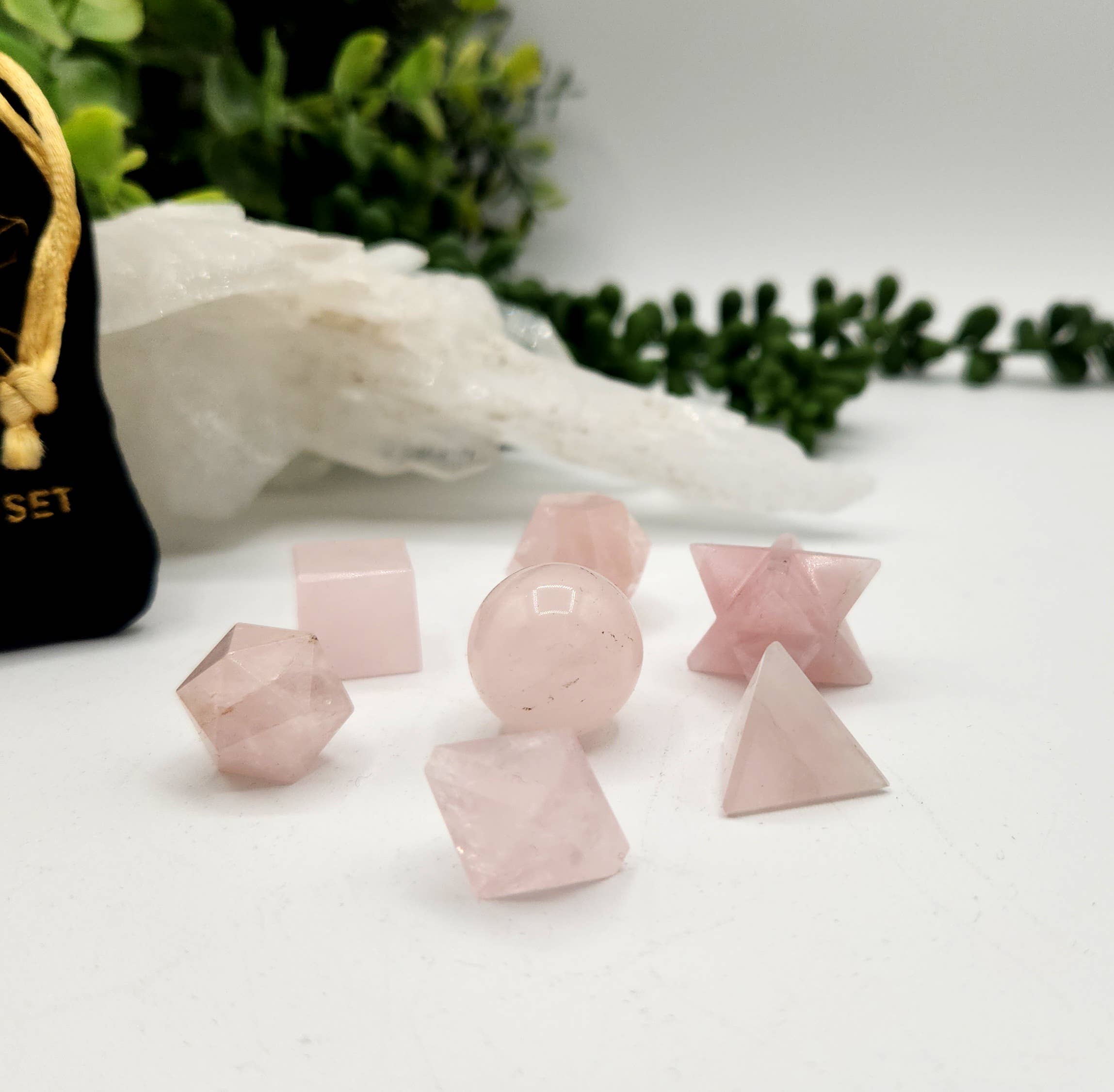 Rose Quartz 7 piece Platonic Geometry Set with Velvet Bag
