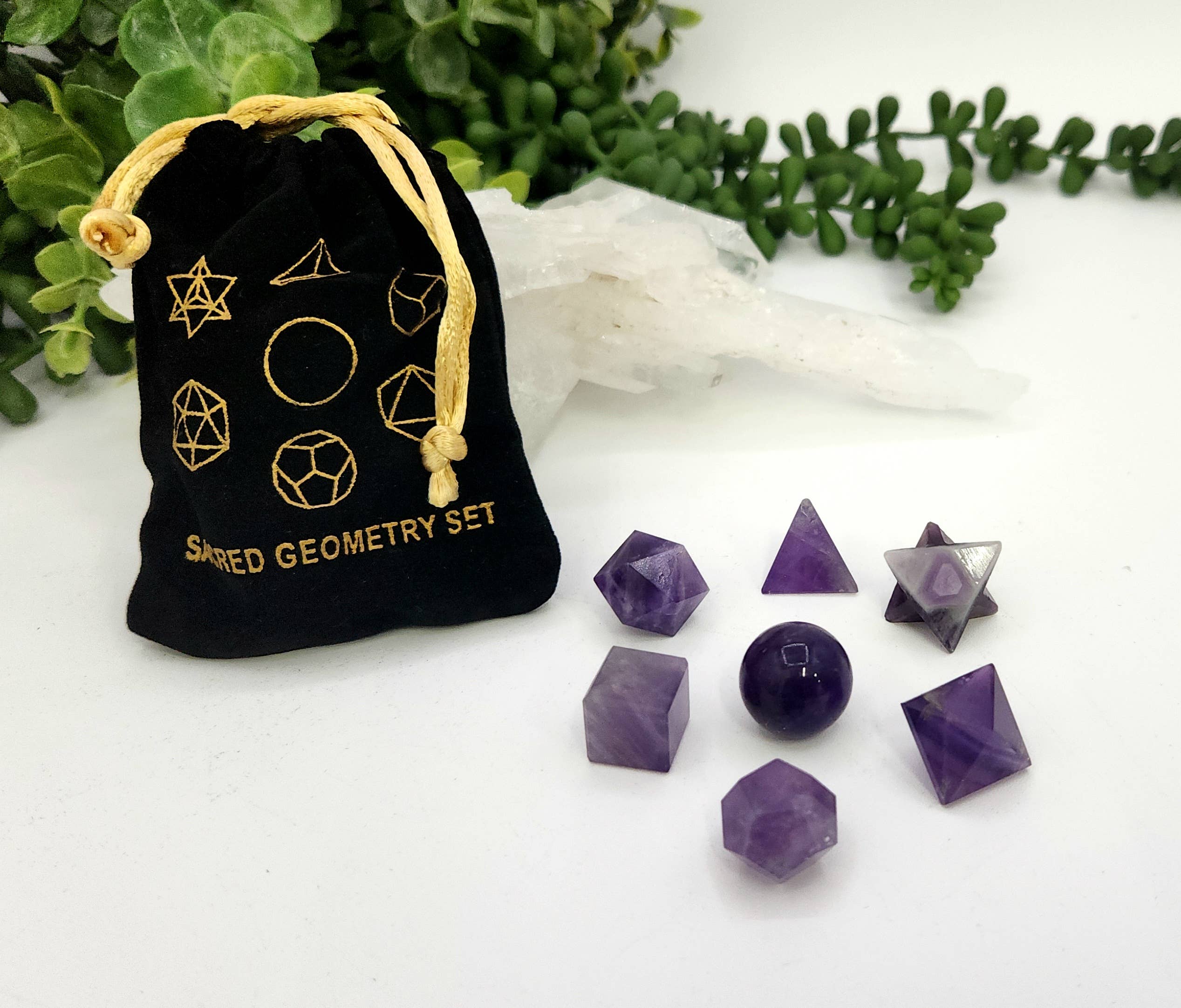 Amethyst 7 piece Platonic Geometry Set with Velvet Bag