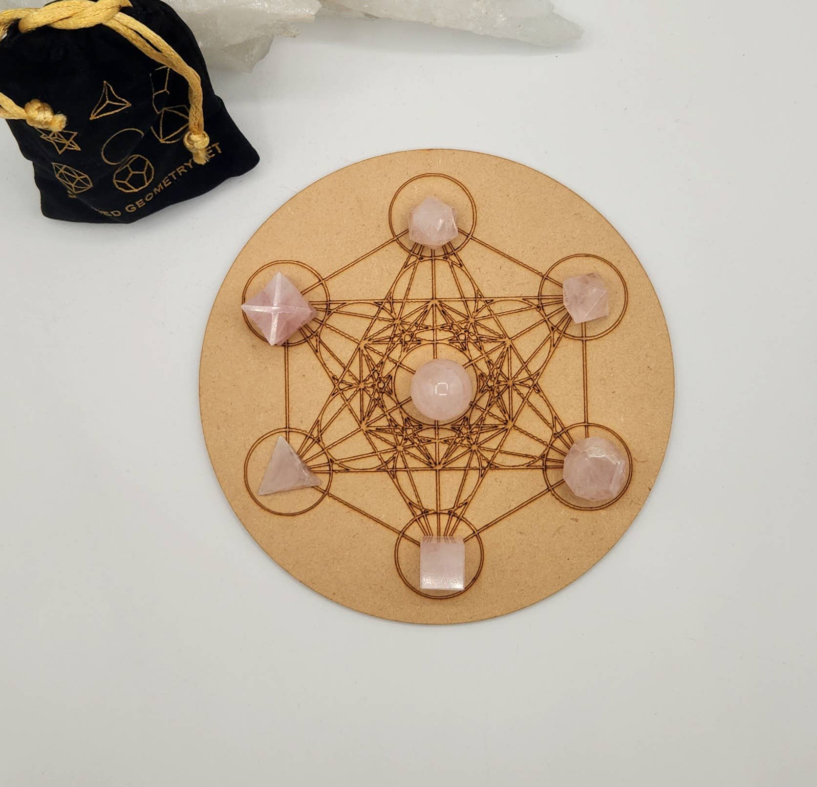 Rose Quartz 7 piece Platonic Geometry Set with Velvet Bag