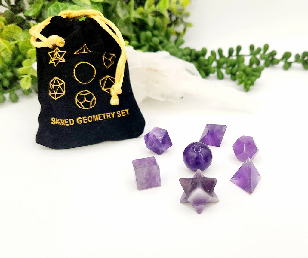 Amethyst 7 piece Platonic Geometry Set with Velvet Bag