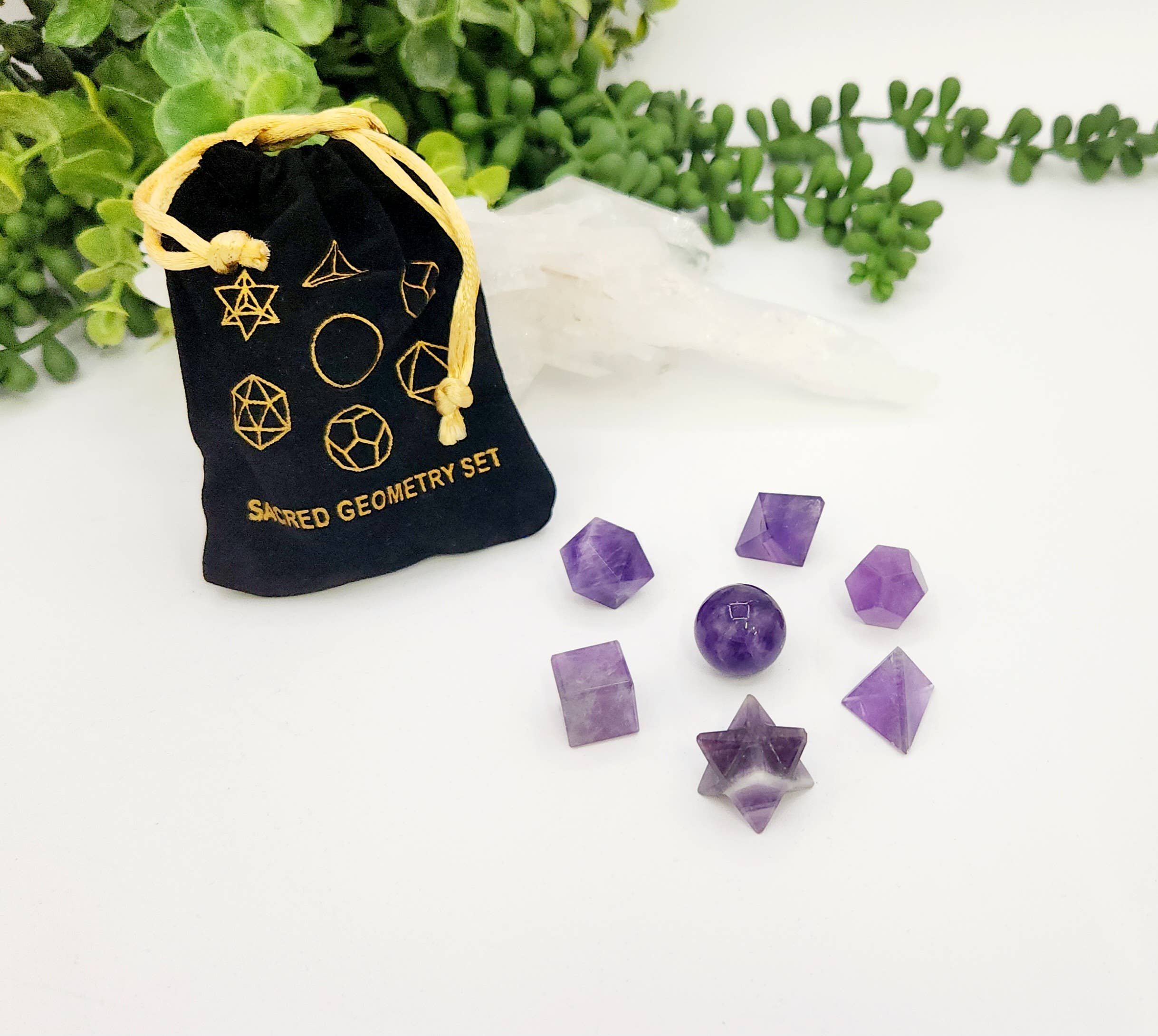 Amethyst 7 piece Platonic Geometry Set with Velvet Bag