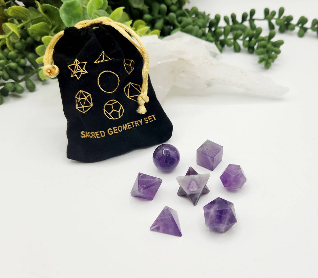 Amethyst 7 piece Platonic Geometry Set with Velvet Bag
