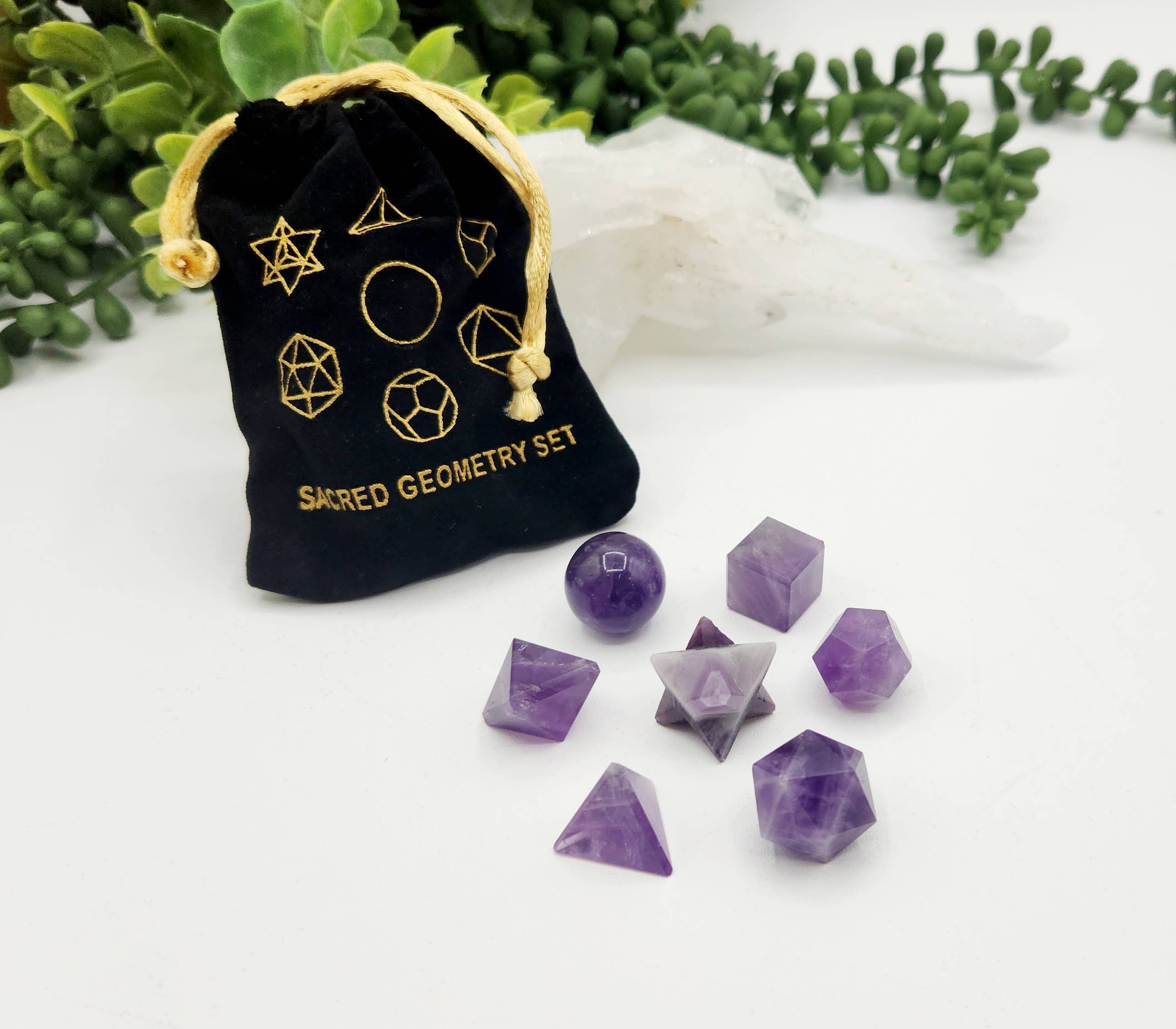 Amethyst 7 piece Platonic Geometry Set with Velvet Bag