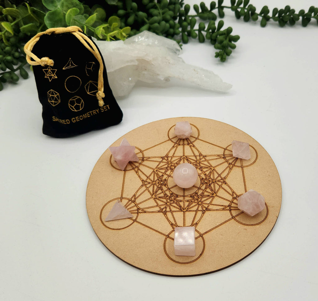 Rose Quartz 7 piece Platonic Geometry Set with Velvet Bag