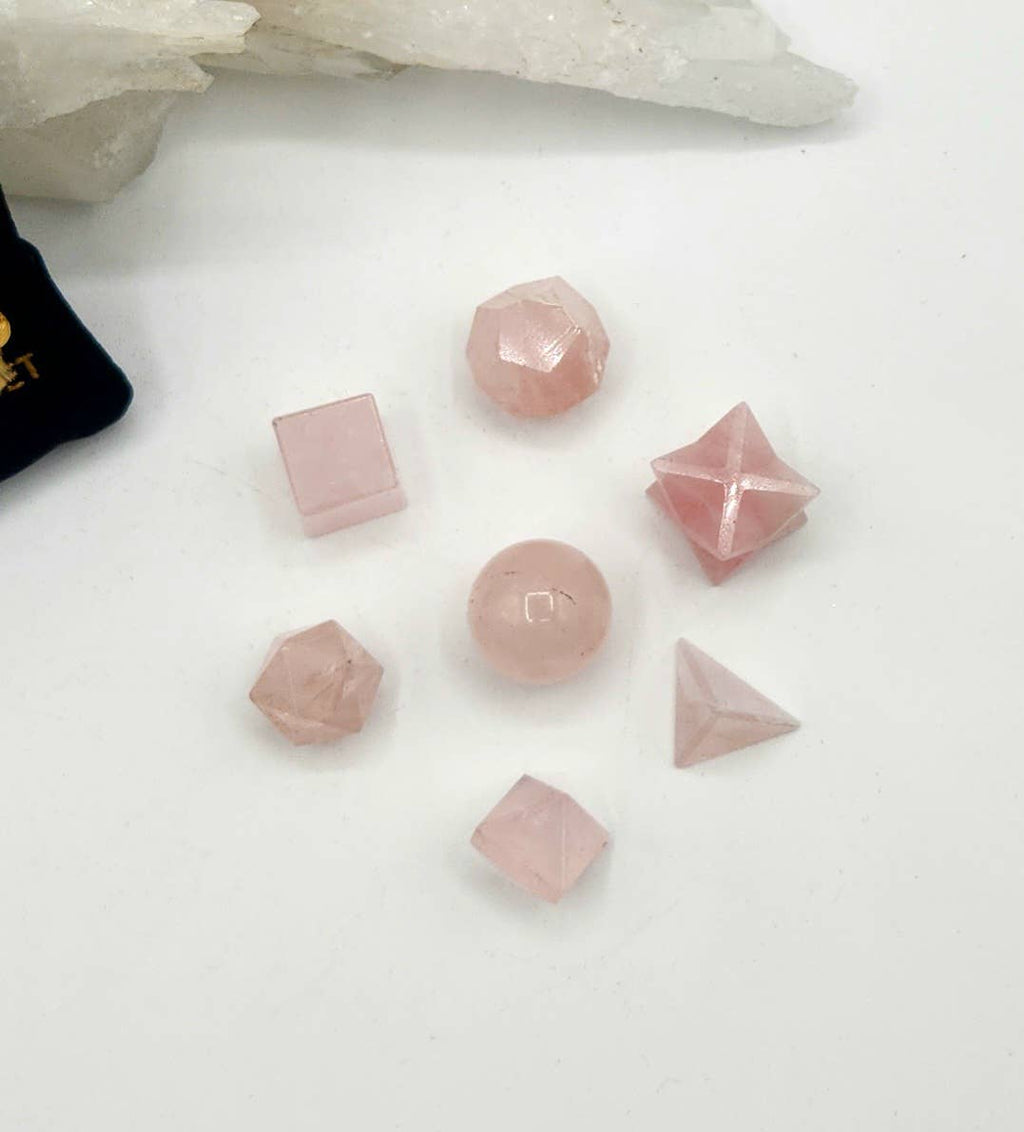 Rose Quartz 7 piece Platonic Geometry Set with Velvet Bag