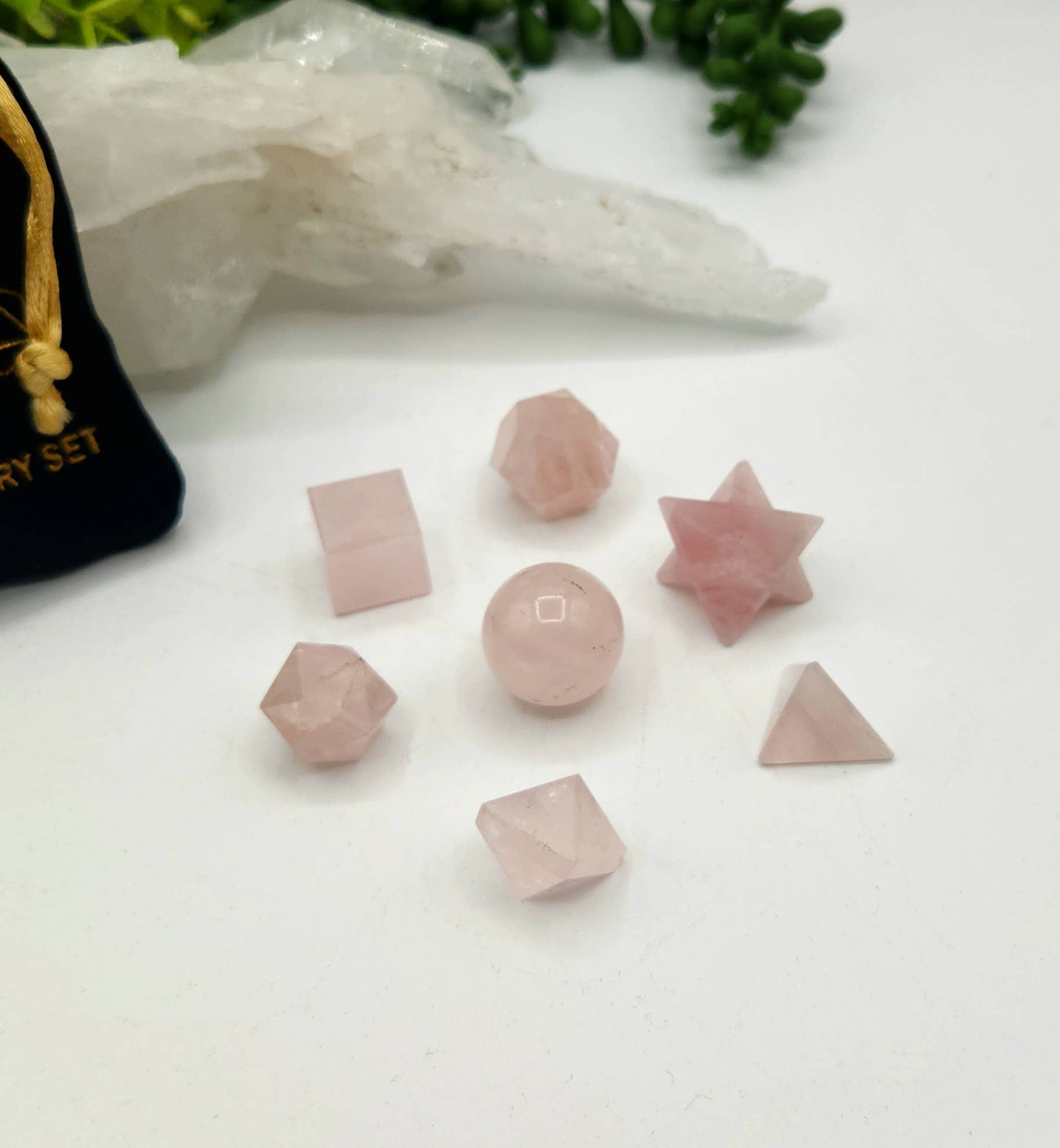 Rose Quartz 7 piece Platonic Geometry Set with Velvet Bag