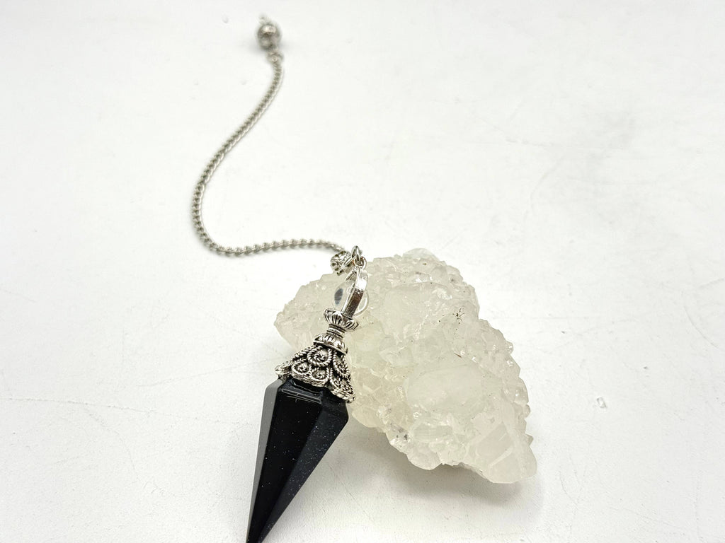 Blue Goldstone Double Cap Pendulum with Silver Plate Chain