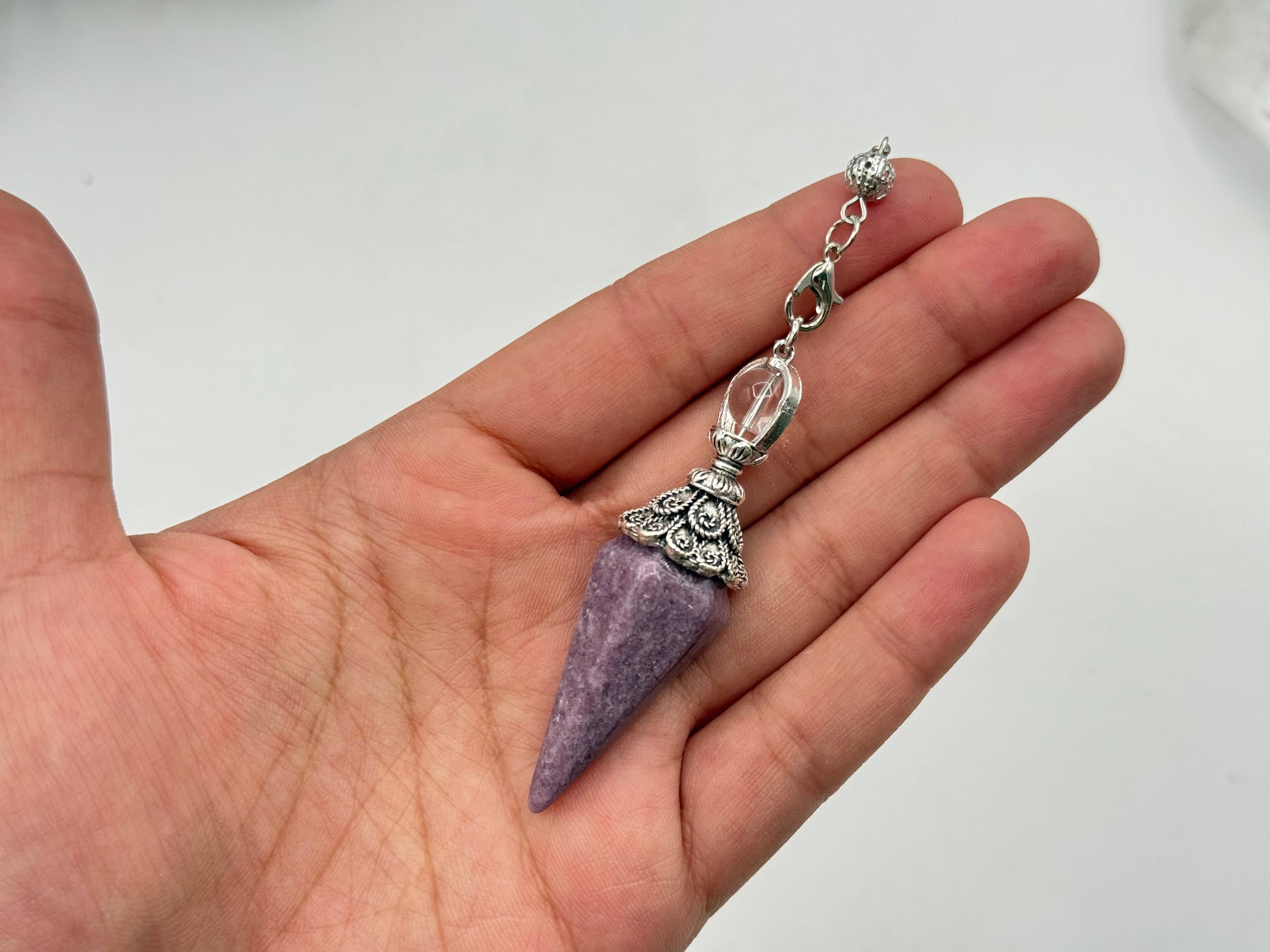 Lepidolite Double Cap Pendulum with Silver Plate Chain