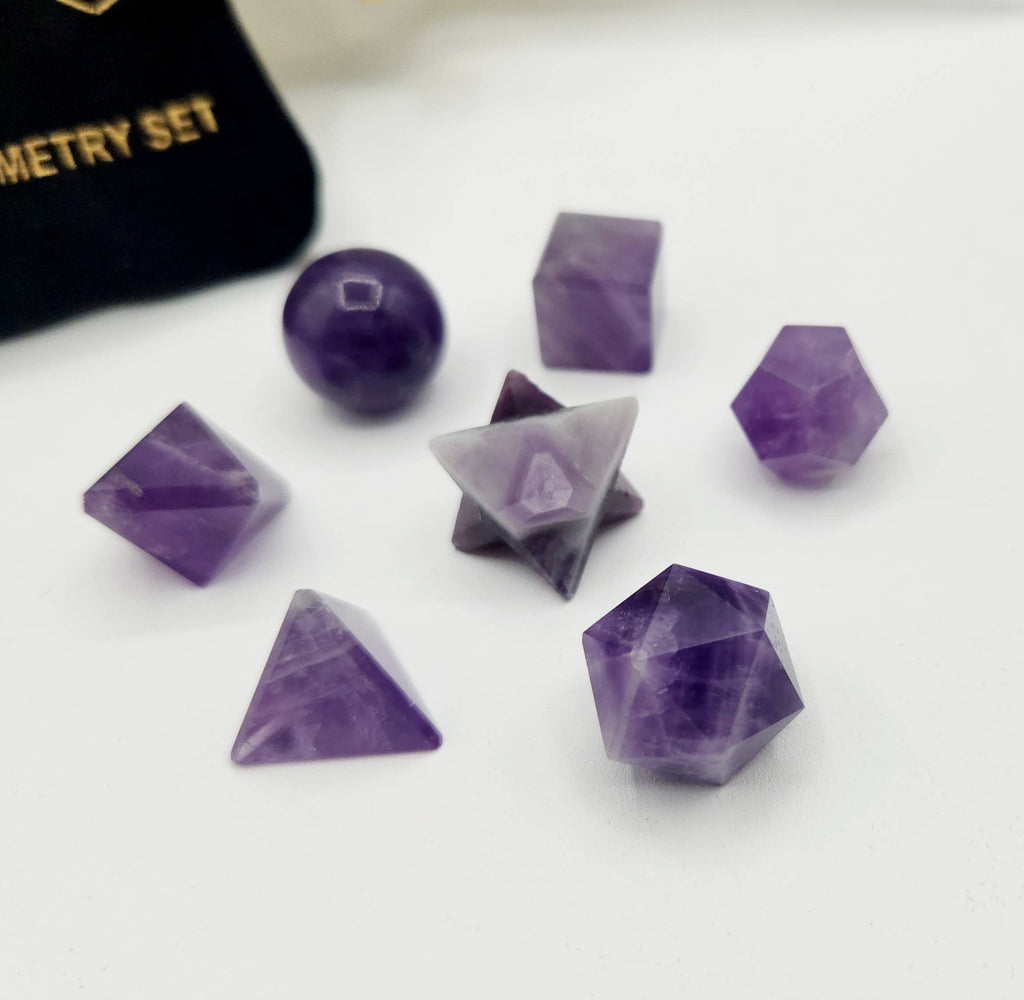 Amethyst 7 piece Platonic Geometry Set with Velvet Bag