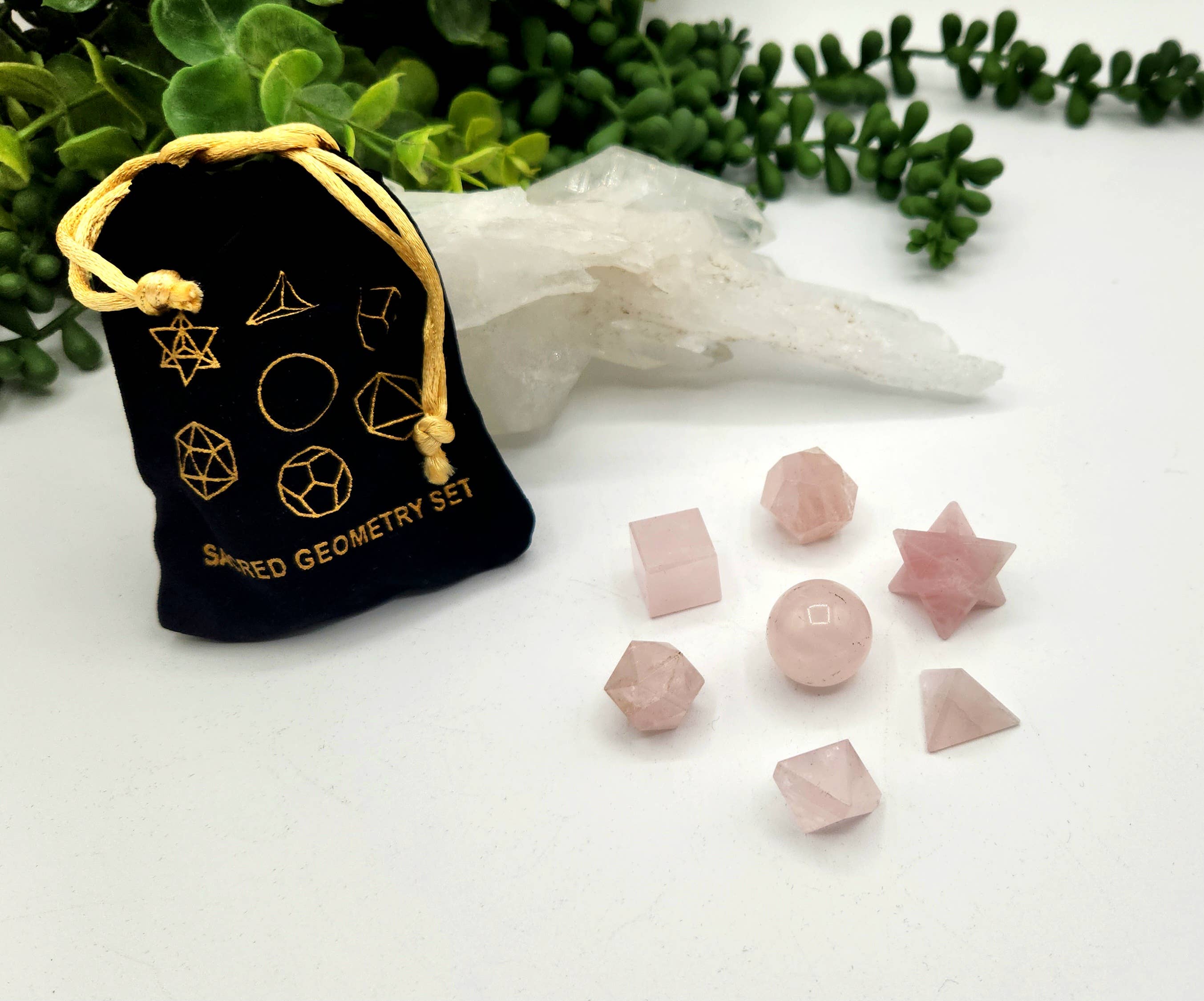 Rose Quartz 7 piece Platonic Geometry Set with Velvet Bag