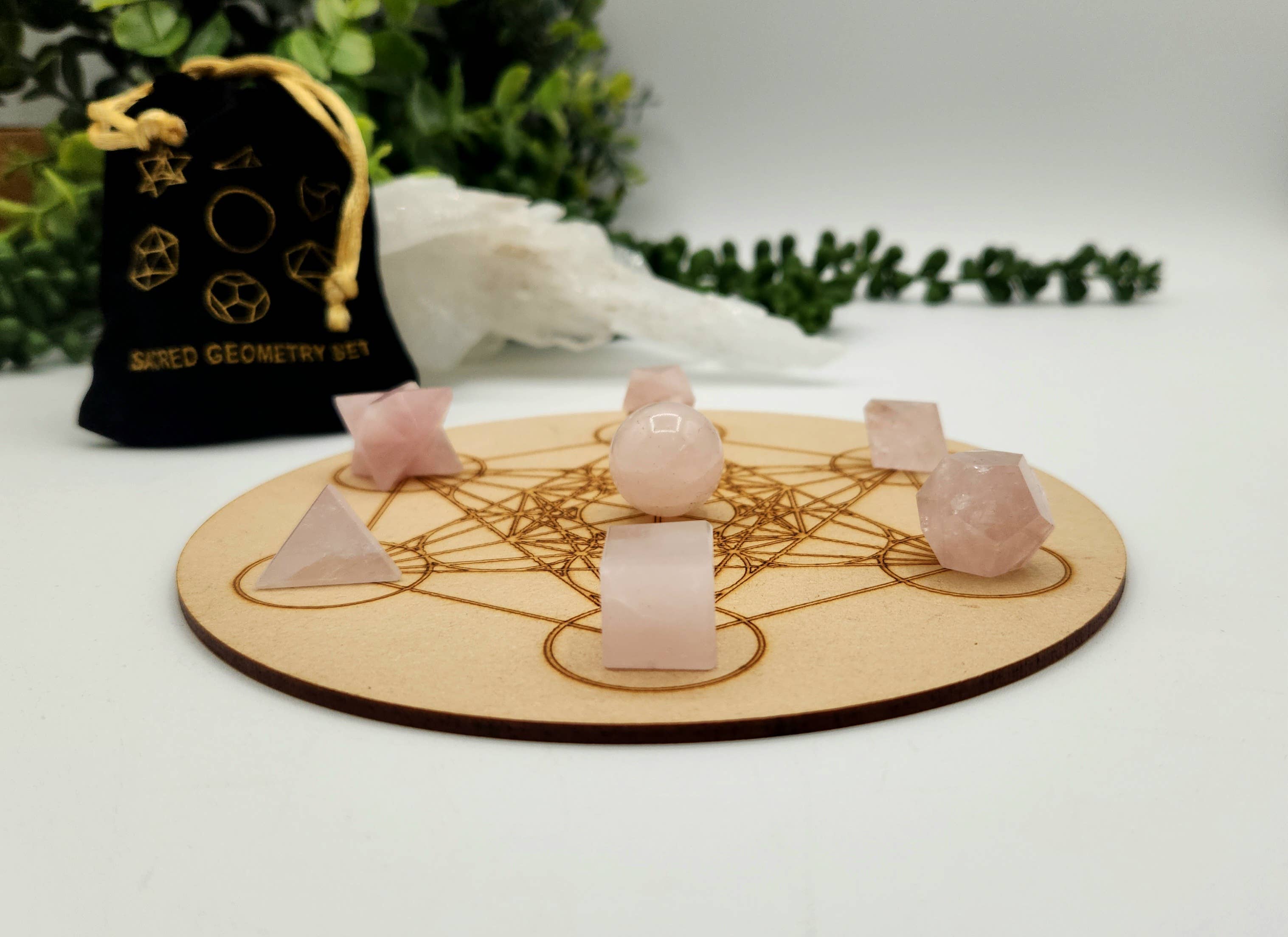 Rose Quartz 7 piece Platonic Geometry Set with Velvet Bag
