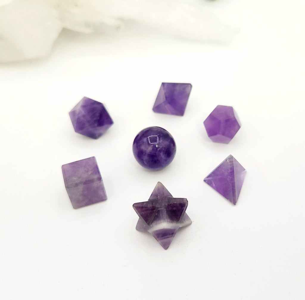 Amethyst 7 piece Platonic Geometry Set with Velvet Bag