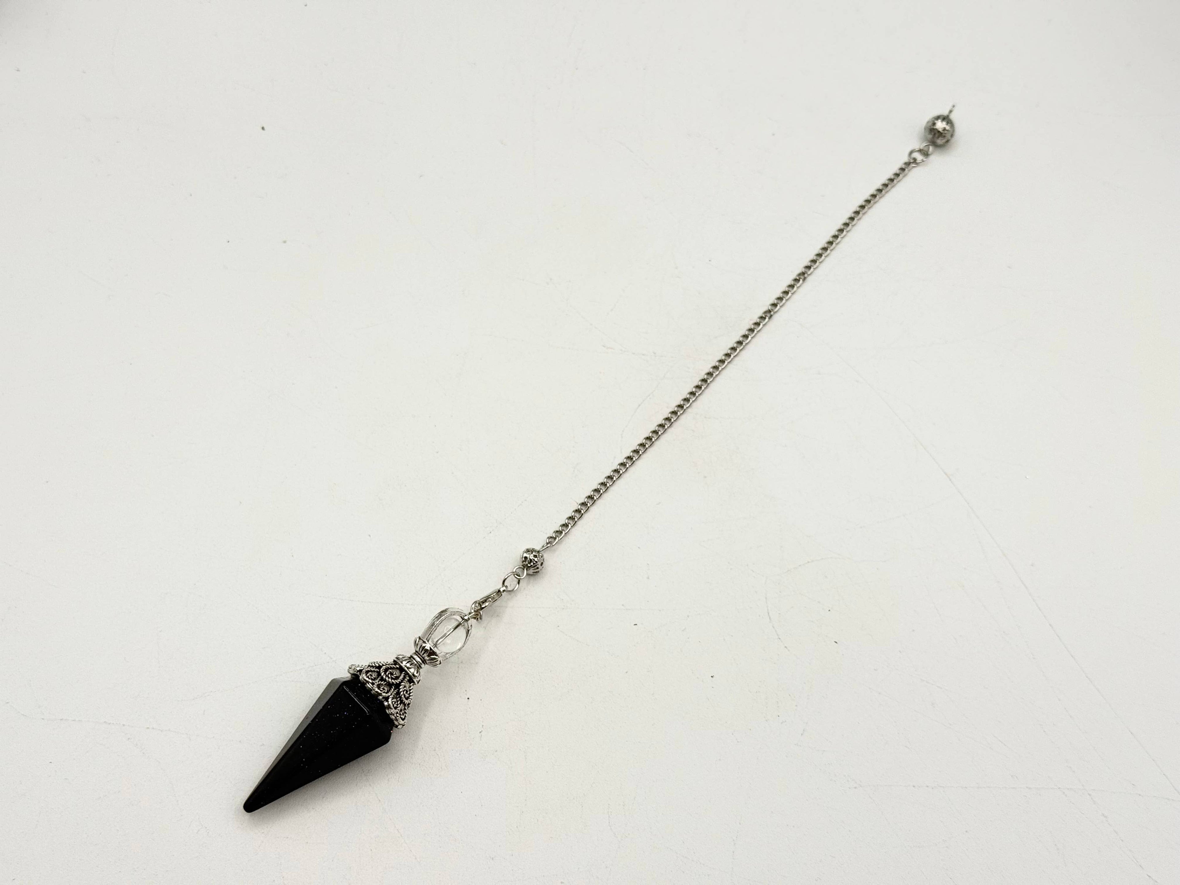 Blue Goldstone Double Cap Pendulum with Silver Plate Chain